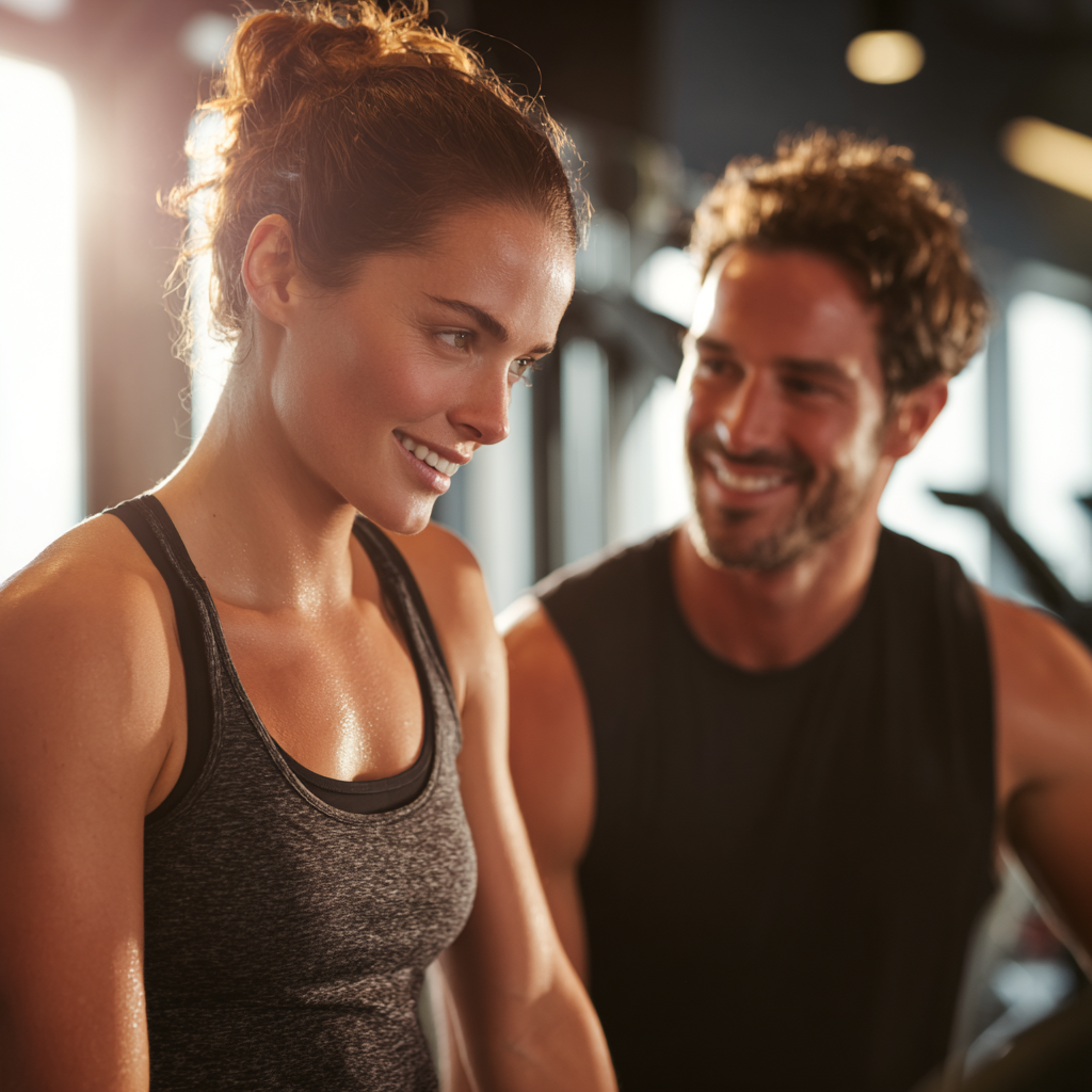 Happy athletic European woman in her 30s smiling while doing fitness exercises in a modern gym, realistic photography style