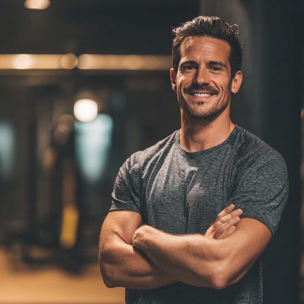 Cheerful European fitness trainer in his 40s demonstrating exercise techniques with a warm smile, professional gym setting, realistic photography