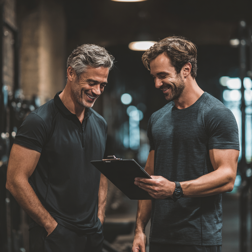 Professional European fitness instructor in his 30s smiling confidently while standing in a modern gym environment, warm lighting, realistic photography style