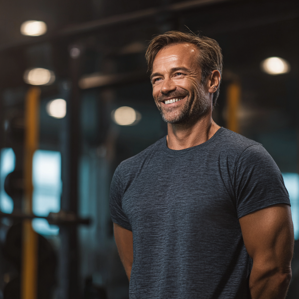 European fitness enthusiast in her 20s performing balanced strength exercises with proper form, smiling with determination in a well-equipped gym, realistic photography style